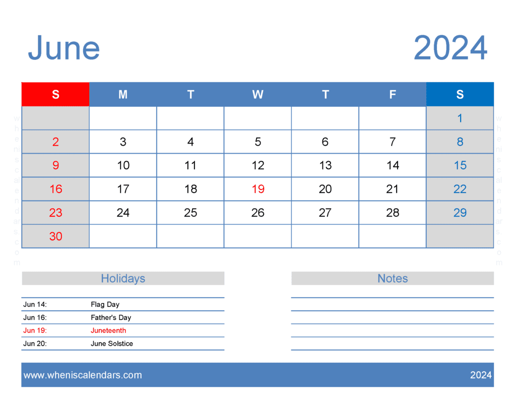 Free Calendar Printable June 2024 J64166
