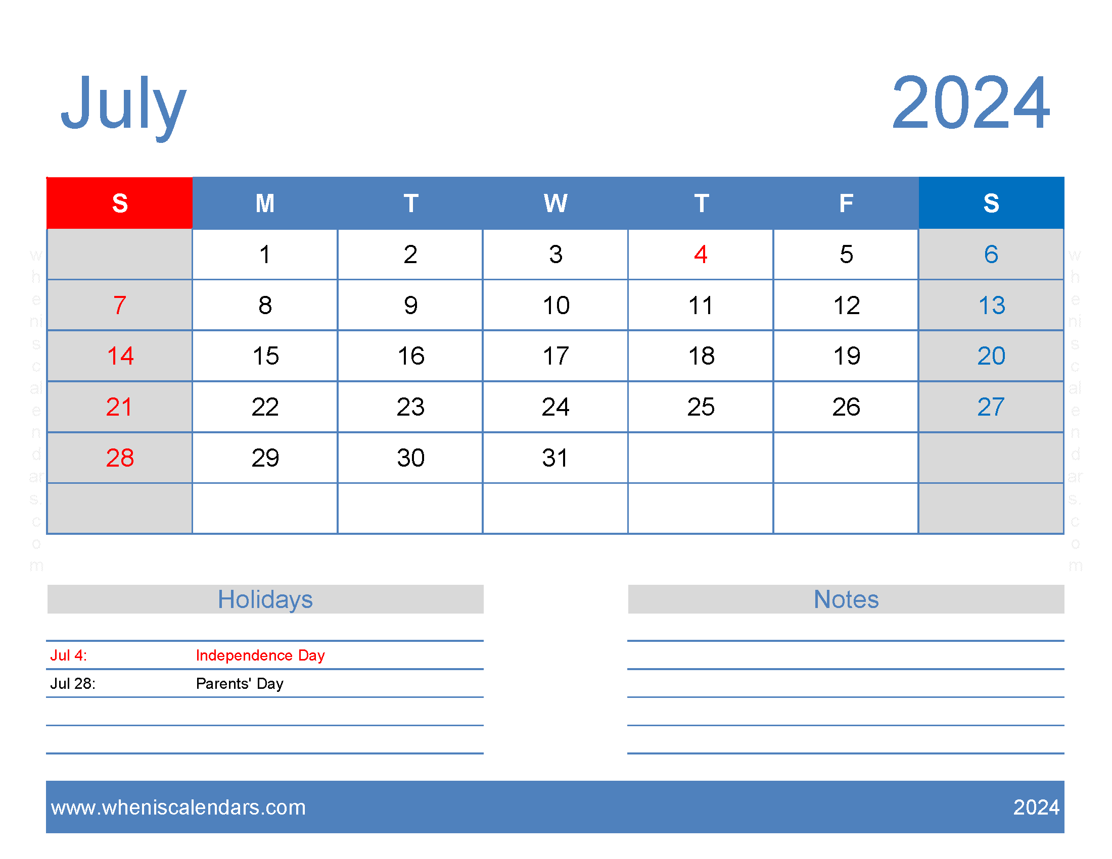 Free Calendar Printable July 2024 Monthly Calendar