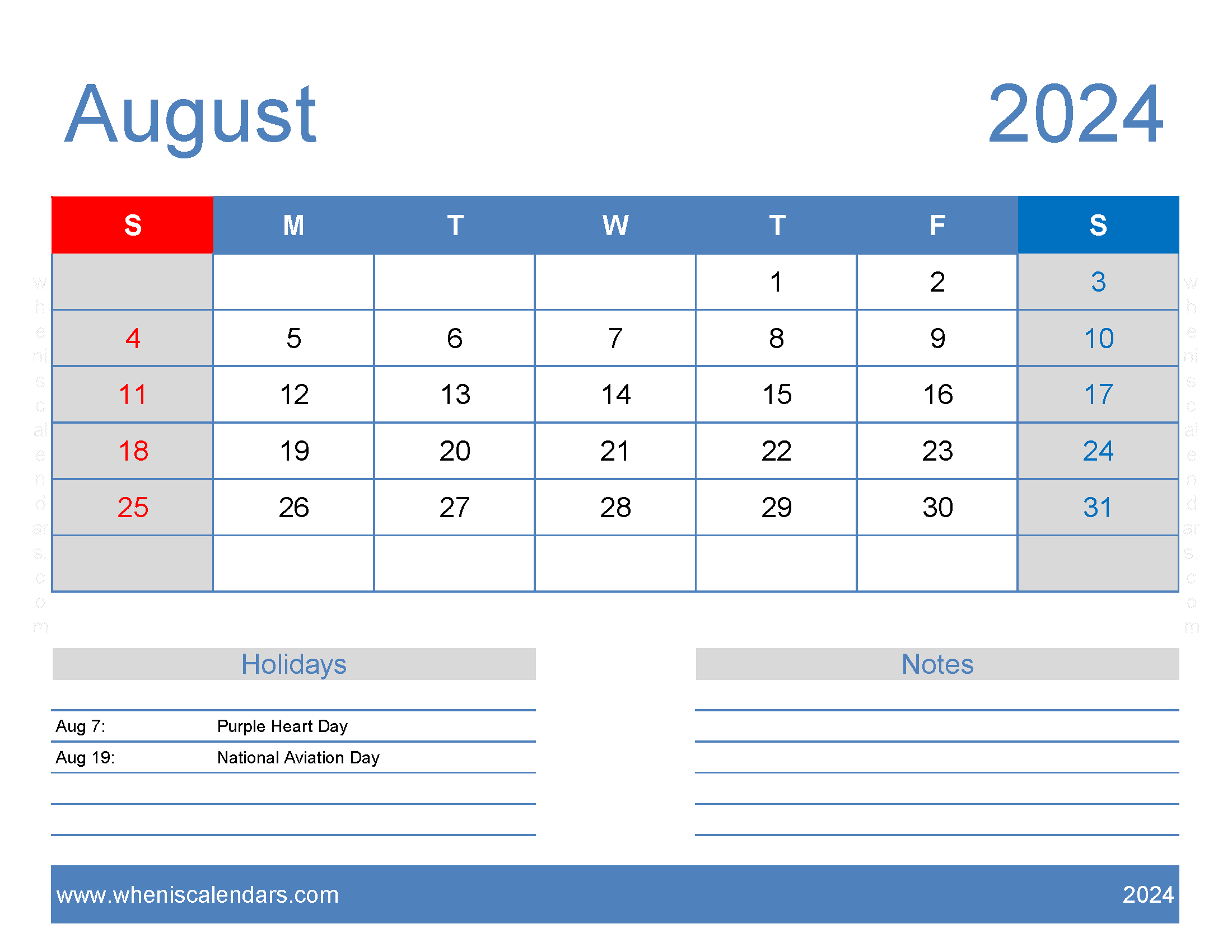 Free Calendar Printable August 2024 Monthly Calendar
