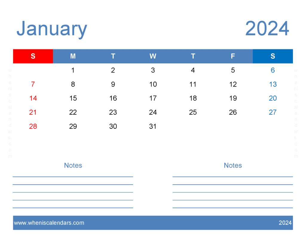 Printable 2024 January Monthly Calendar