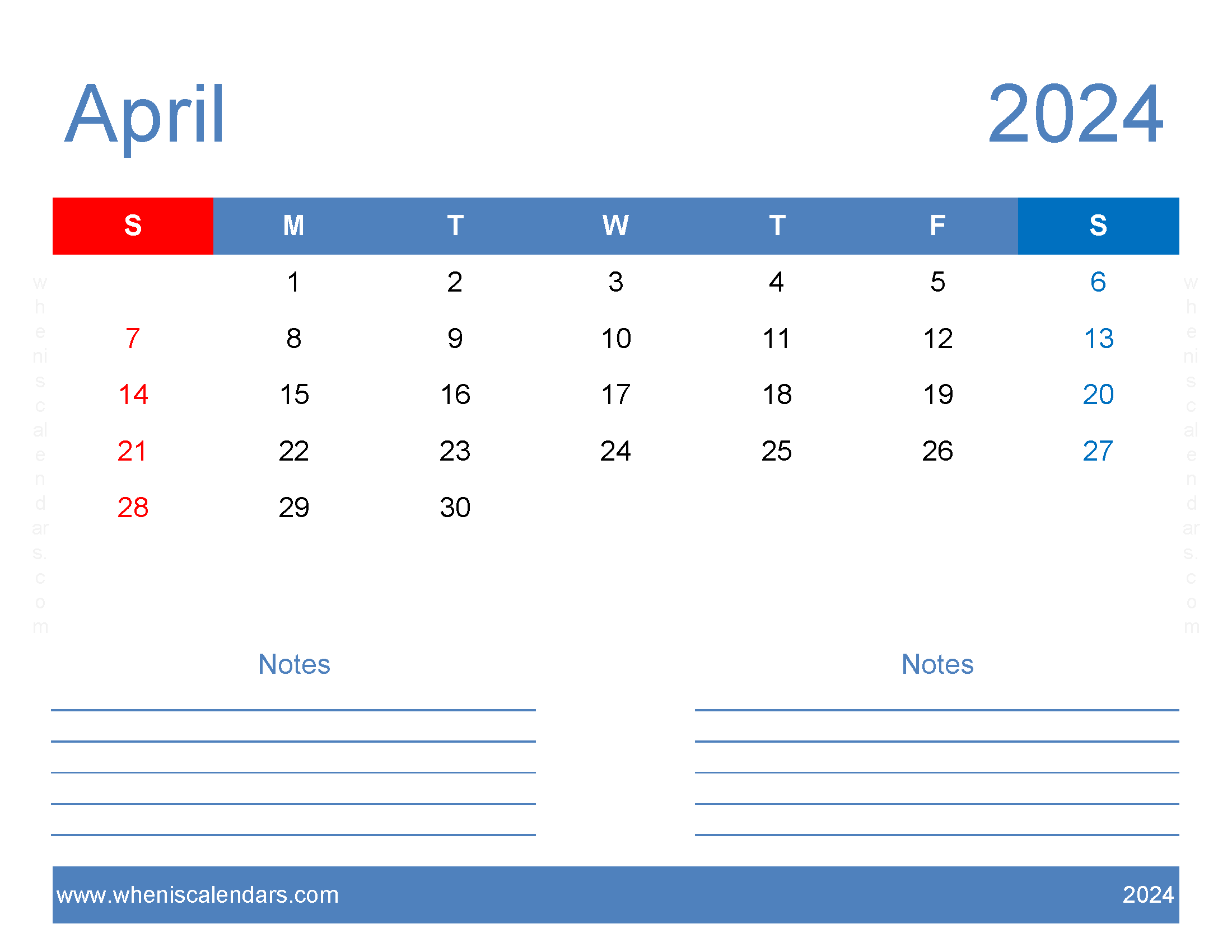 Printable 2024 April Monthly Calendar