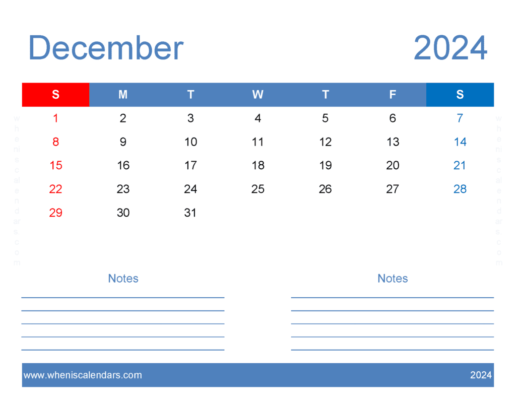 Printable 2024 December Monthly Calendar