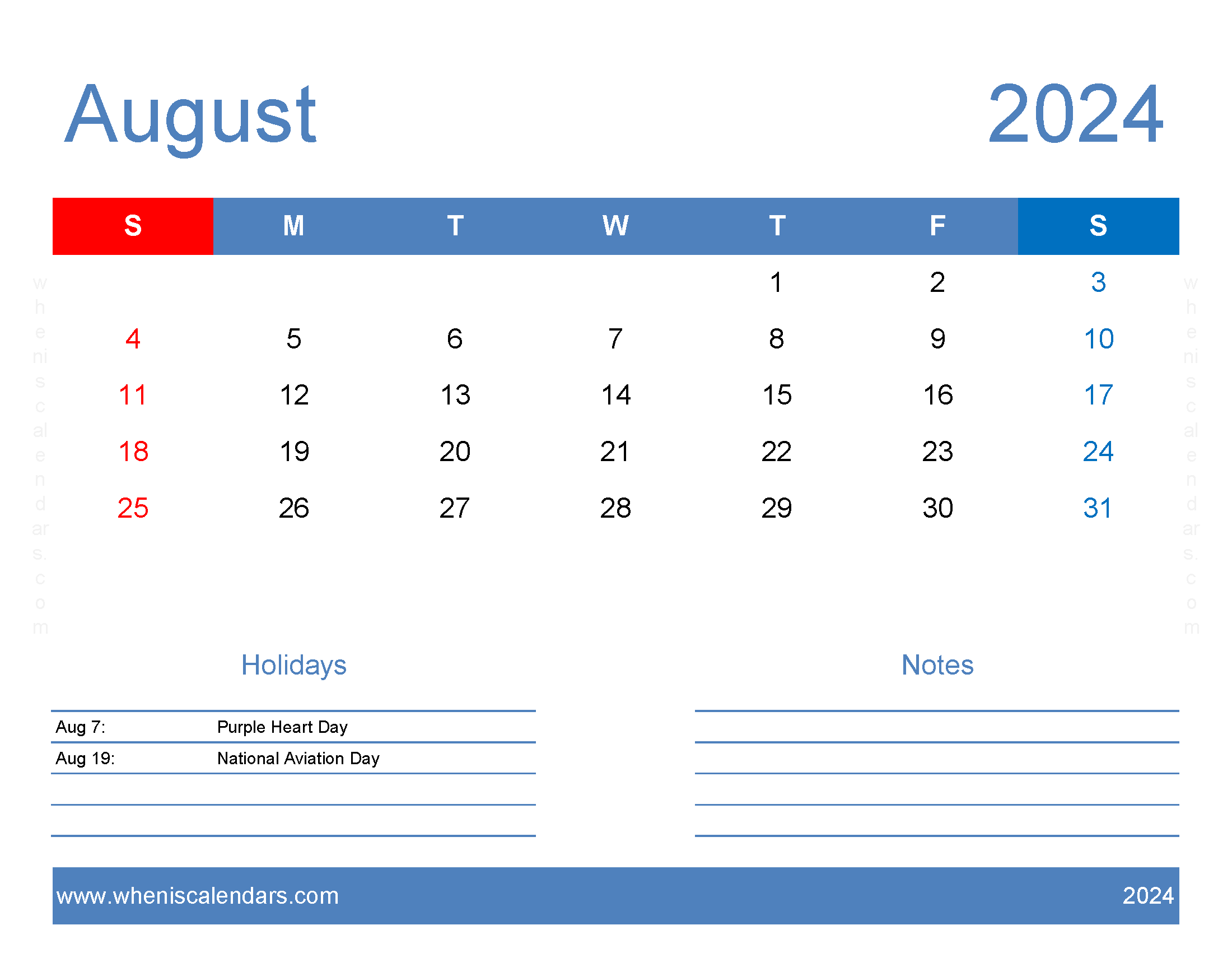 Calendar Template 2024 August Monthly Calendar