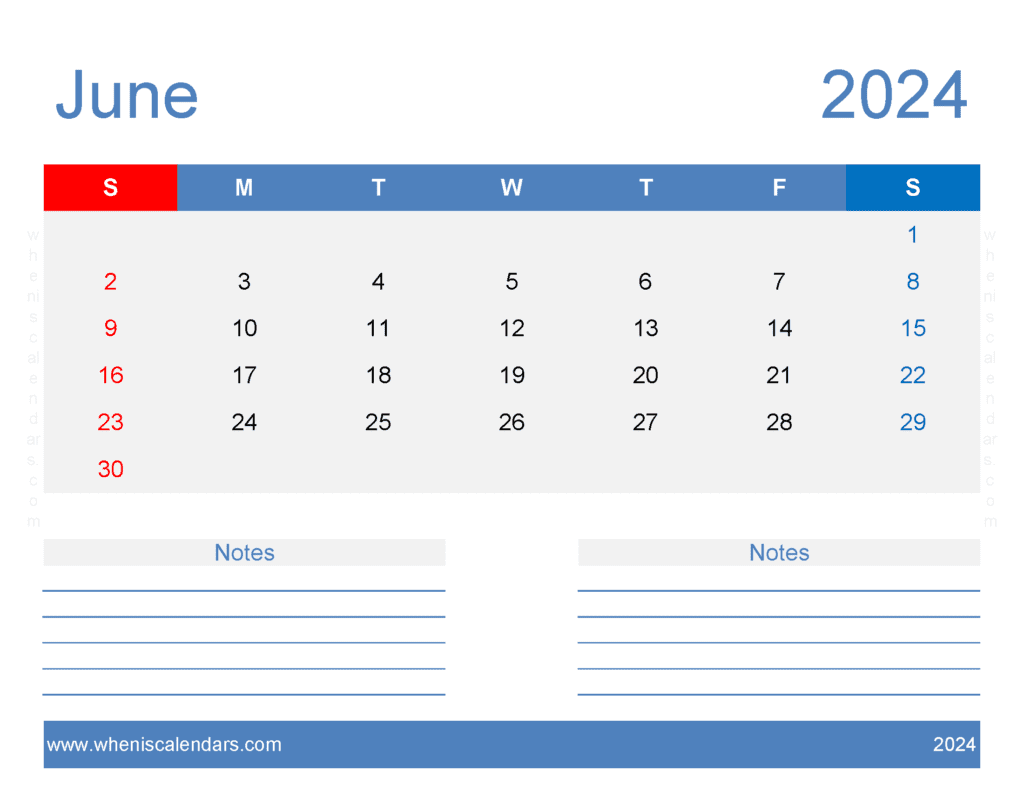 Download Printable Calendar June 2024 Free Letter Horizontal J64248