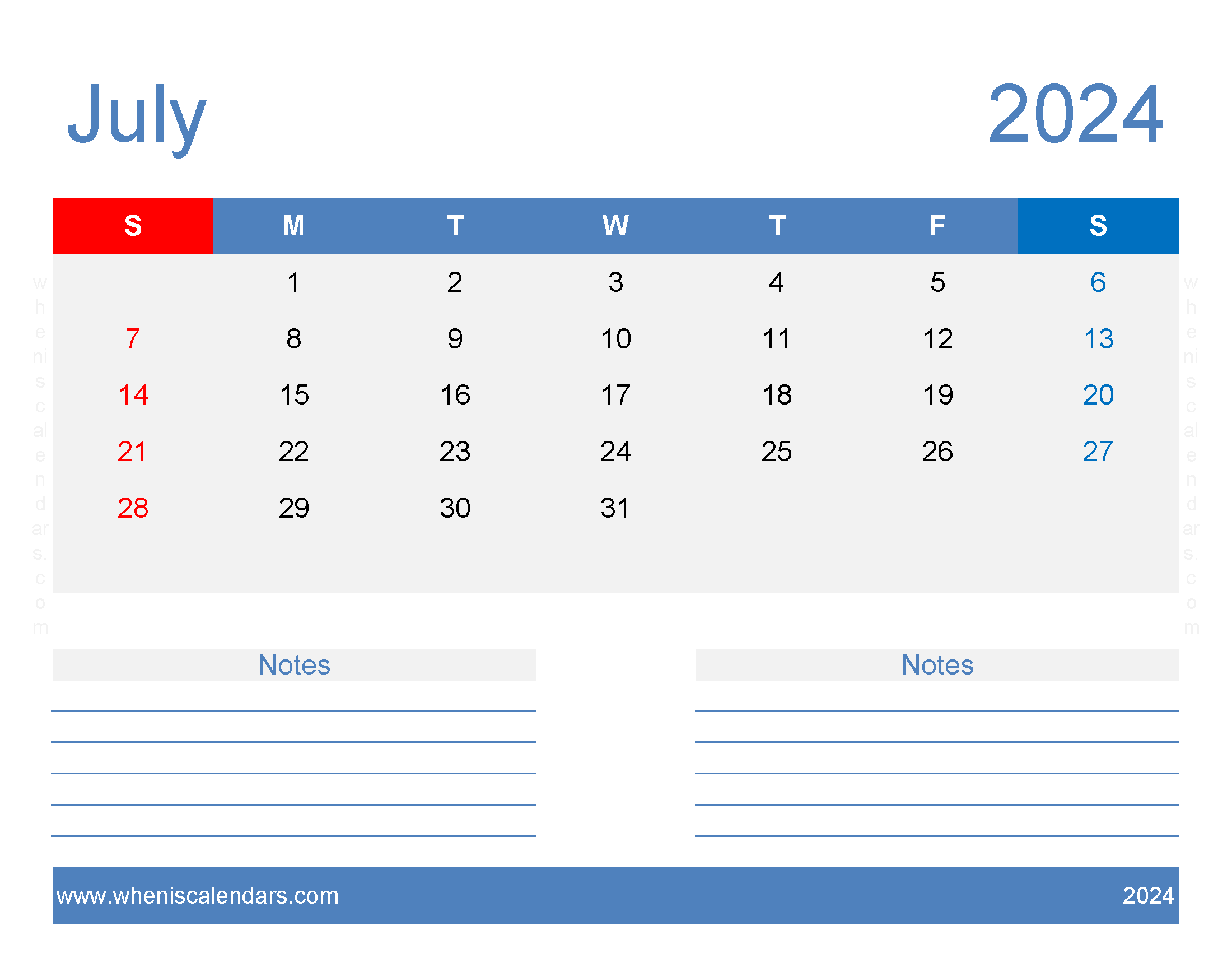 Printable Calendar July 2024 Free Monthly Calendar