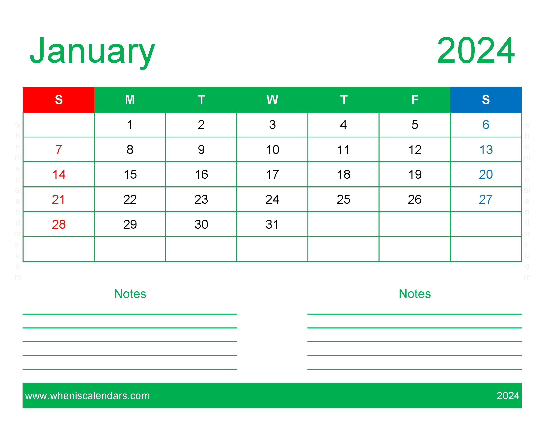 January 2024 Calendar Printable word Monthly Calendar