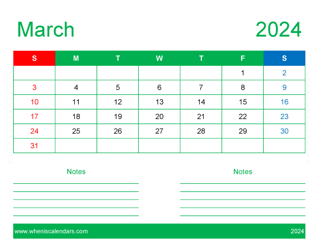 Download March 2024 Calendar Printable word Letter Horizontal M34249