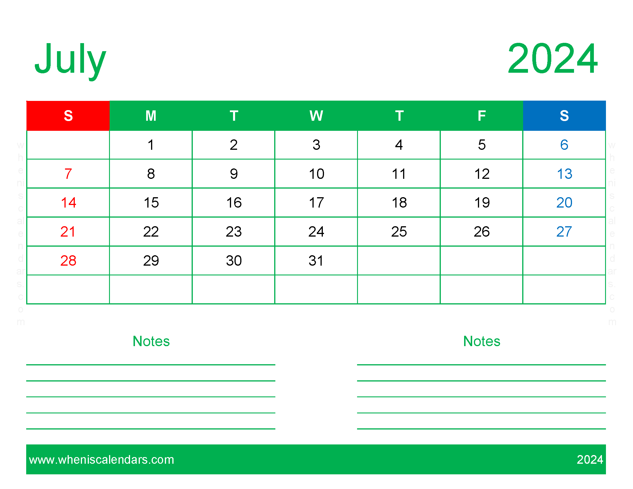 July 2024 Calendar Printable word Monthly Calendar