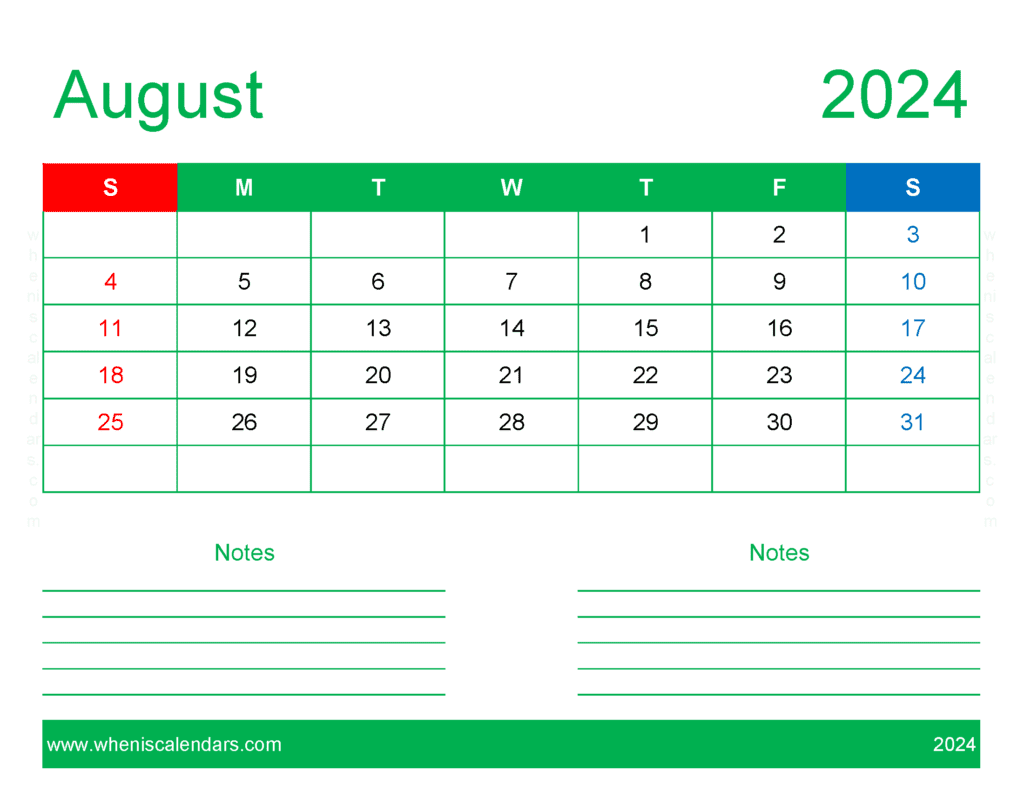 August 2024 Calendar Printable word Monthly Calendar