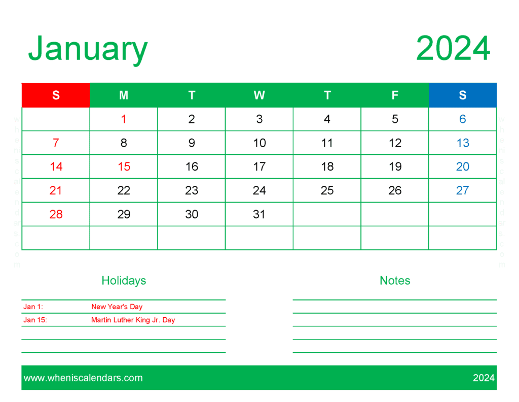 January 2024 Calendar to print Free J14169