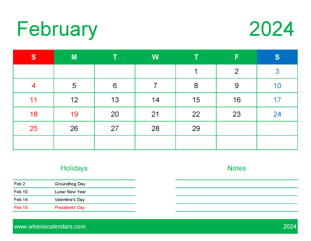 Download free February Calendar 2024 with Holidays printable