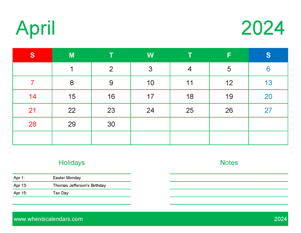 Download free April Calendar 2024 with Holidays printable