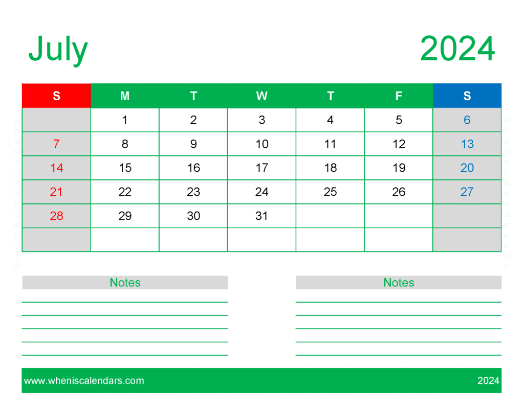 Download print Free Calendar July 2024 Letter Horizontal J74250