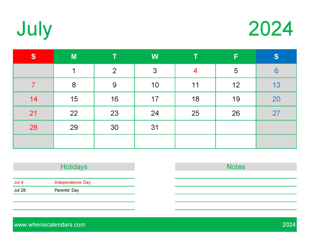 Download free July Calendar 2024 with Holidays printable