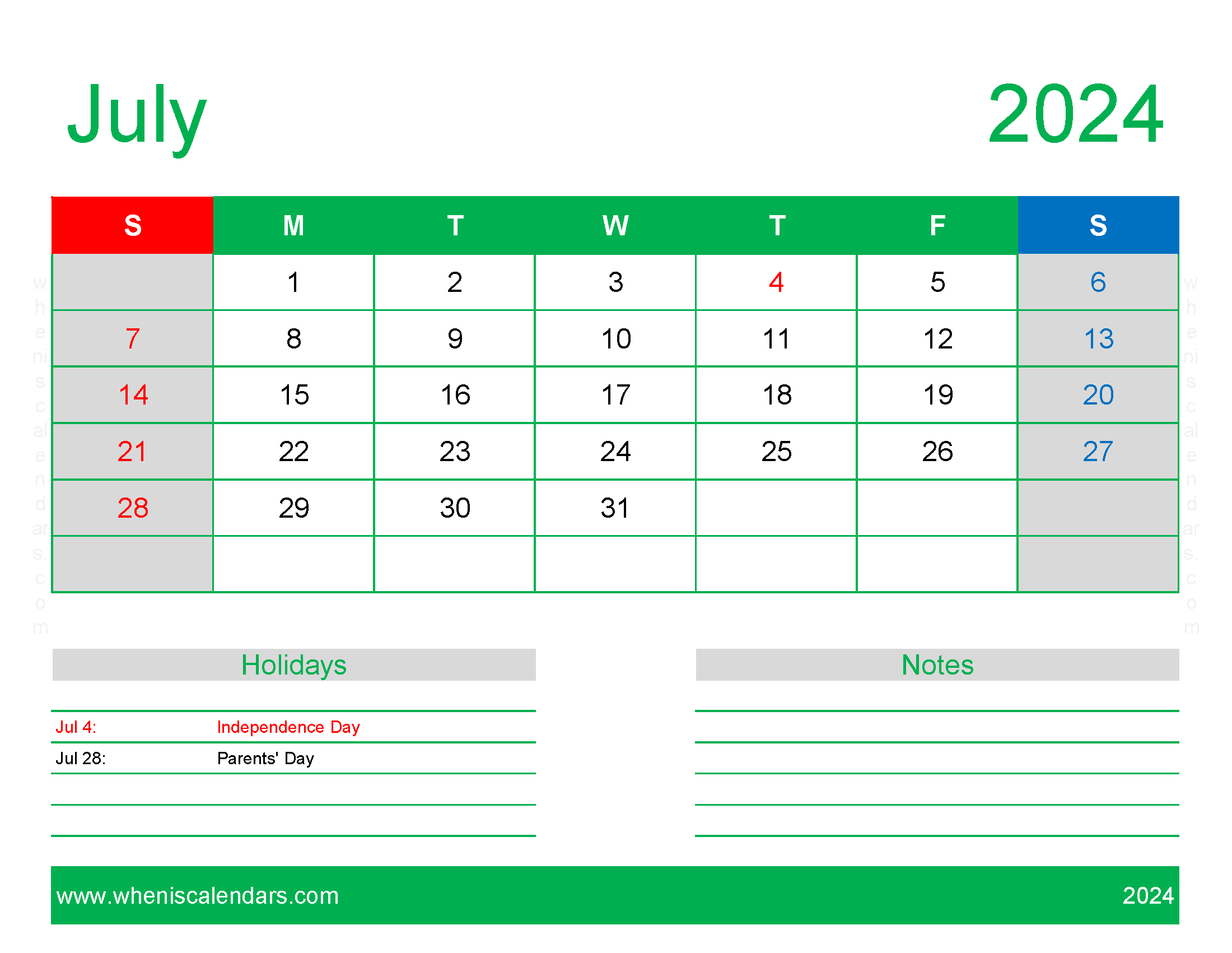 Blank Calendar pages July 2024 Monthly Calendar