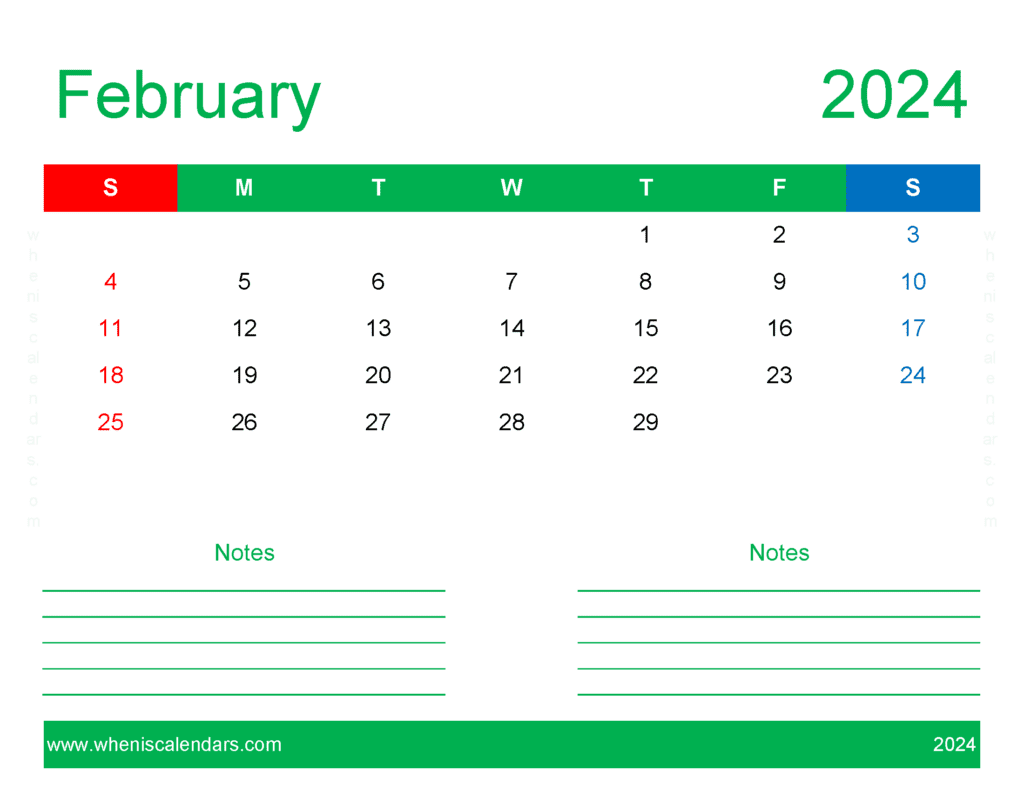 Download February empty Calendar 2024 Letter Horizontal F4251