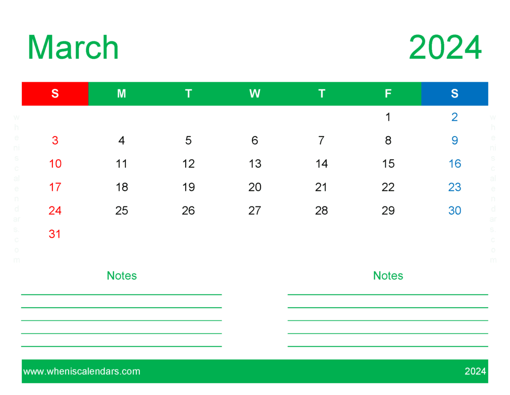Download March empty Calendar 2024 Letter Horizontal M34251