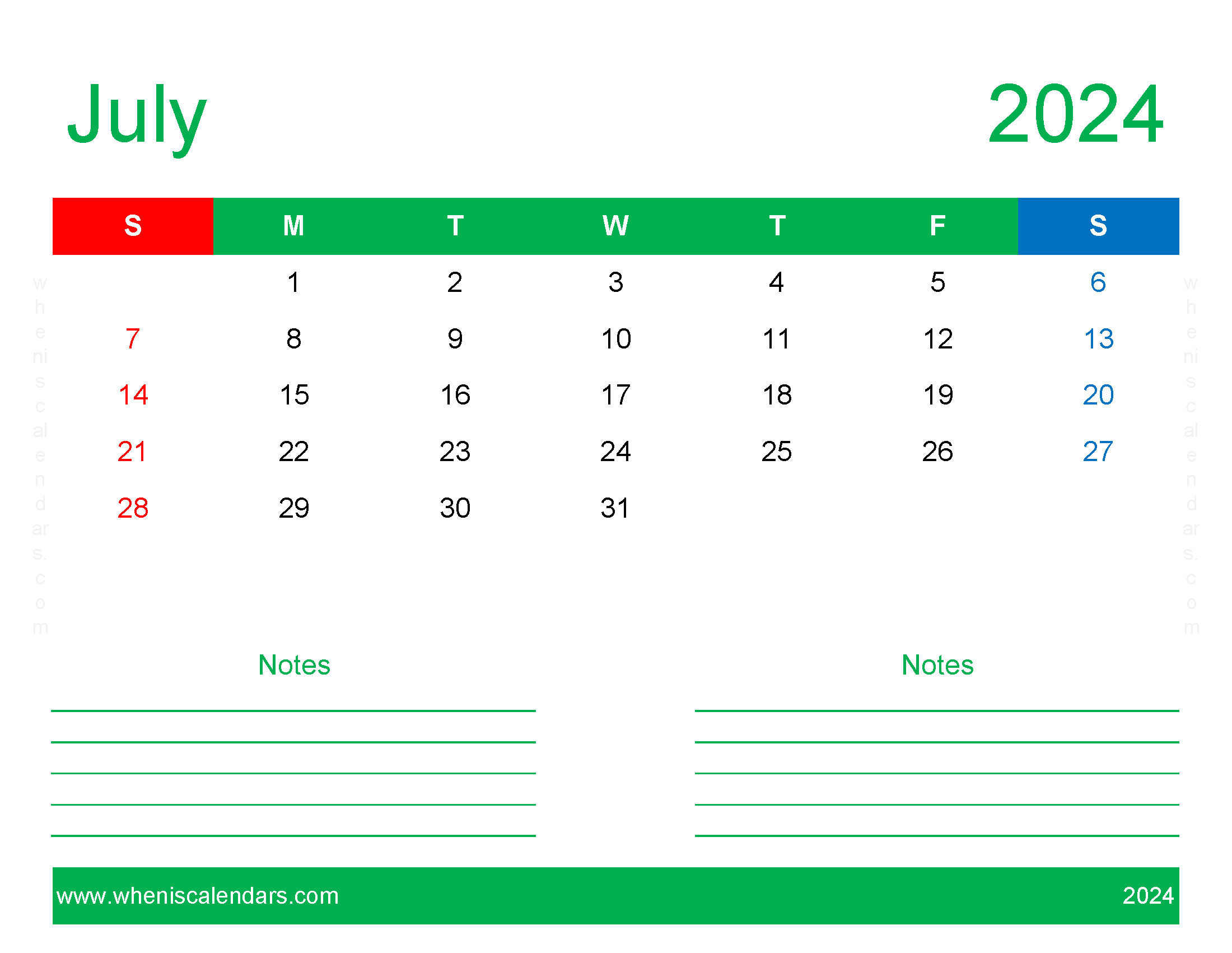 July empty Calendar 2024 Monthly Calendar