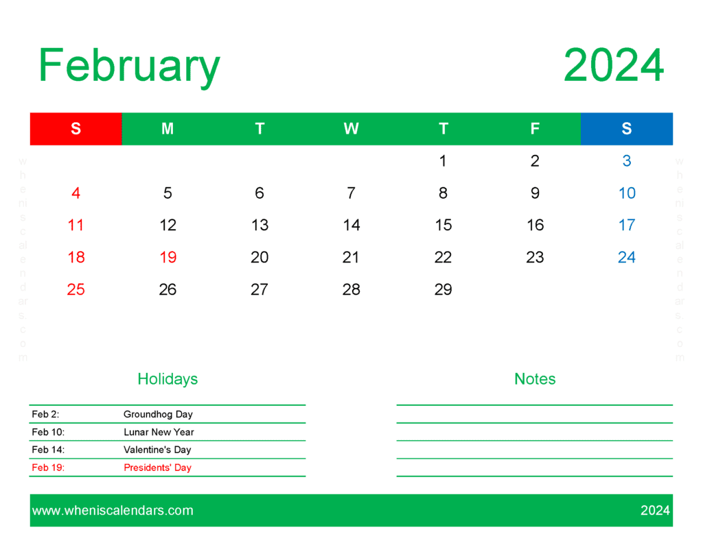 Download Free Printable February 2024 Calendar pdf Letter Horizontal F4171