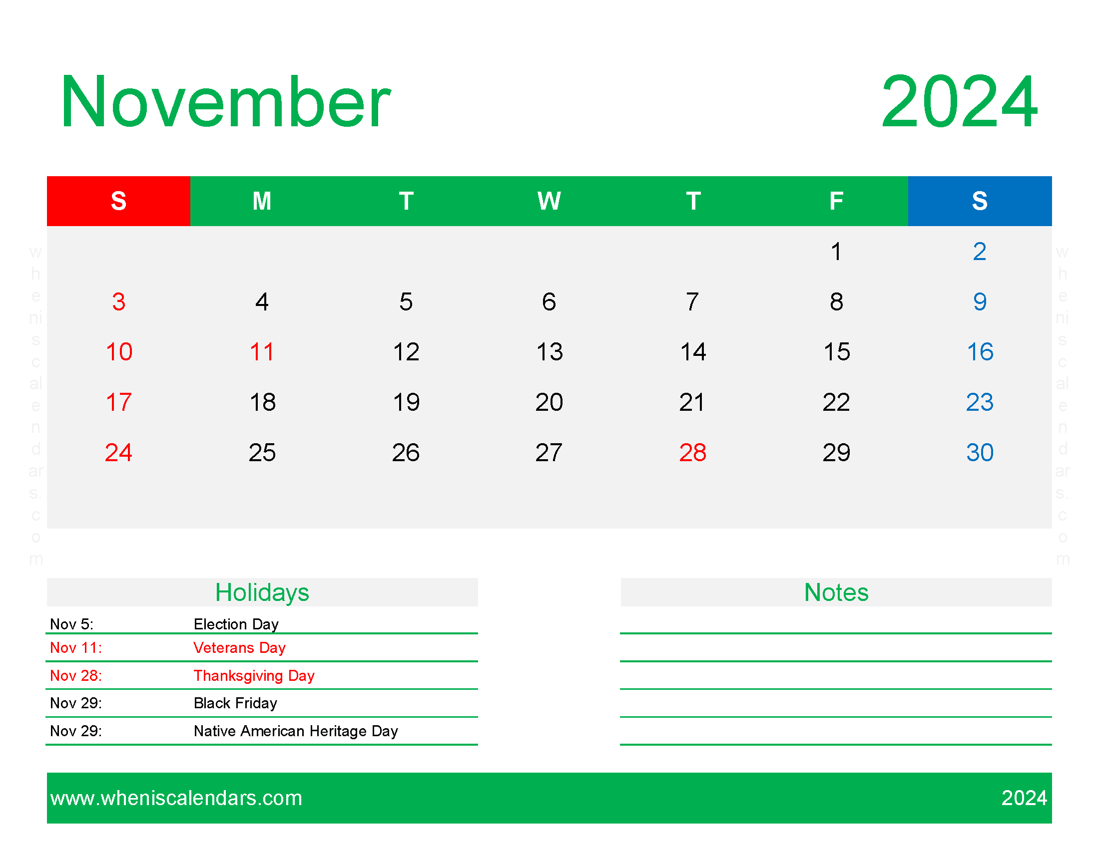 Download free November Calendar 2024 with Holidays printable