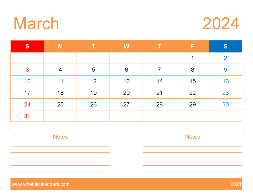 Download Blank March 2024 Calendar to print Letter Horizontal M34253