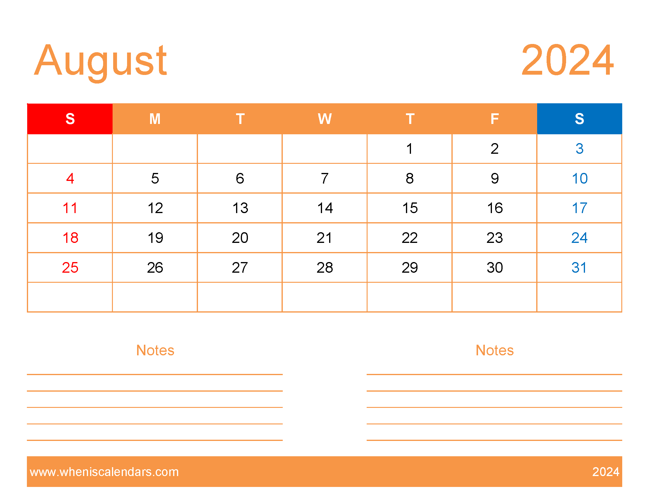 Blank August 2024 Calendar to print Monthly Calendar