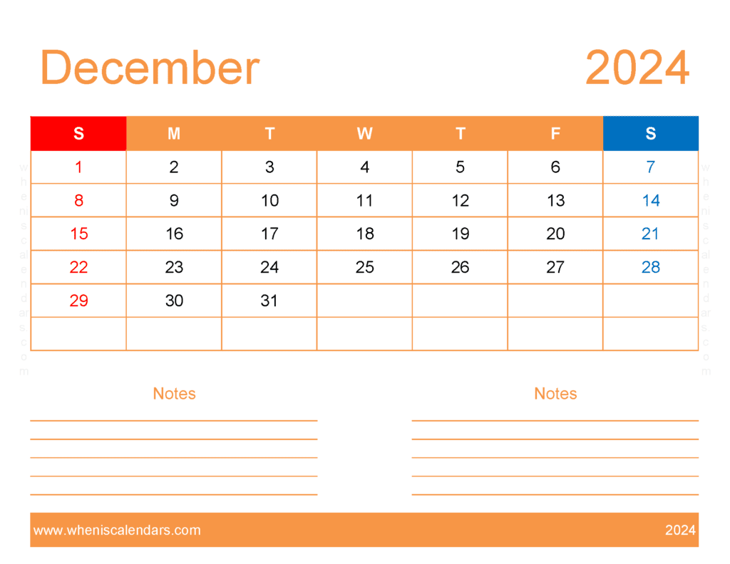 Download free Calendar 2024 with Holidays printable A4 in Horizontal Landscape