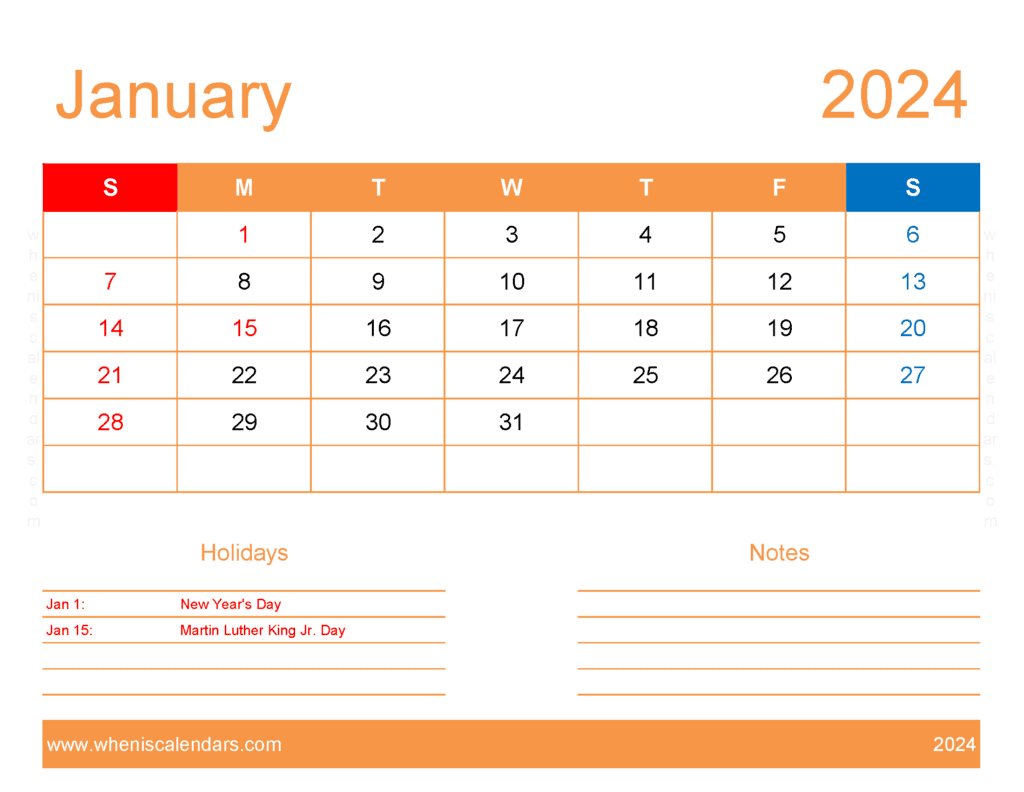 Download free January Calendar 2024 with Holidays printable