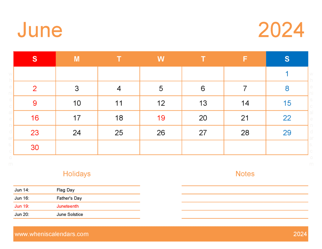 Download pdf Calendar June 2024 Letter Horizontal J64173