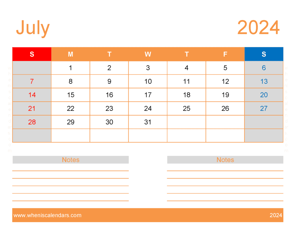Download free July Calendar 2024 with Holidays printable A4 in Horizontal Landscape