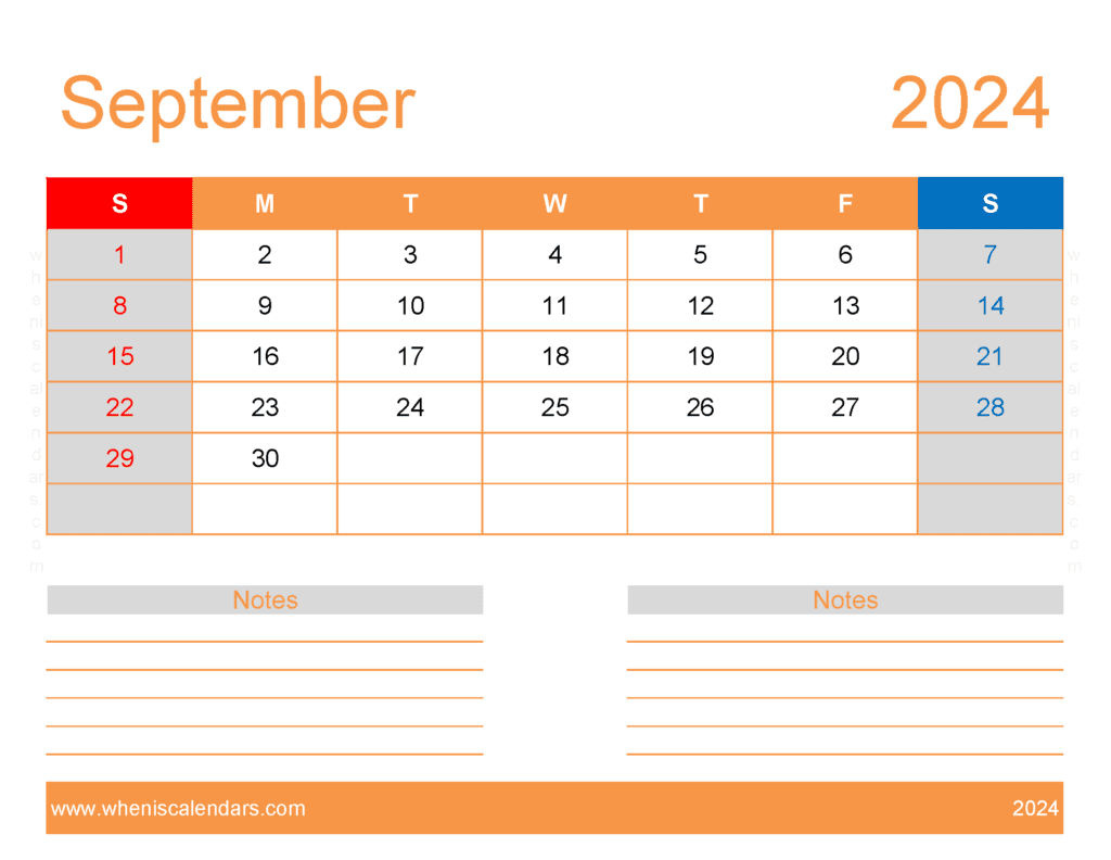 Download free September Calendar 2024 with Holidays printable A4 in Horizontal Landscape