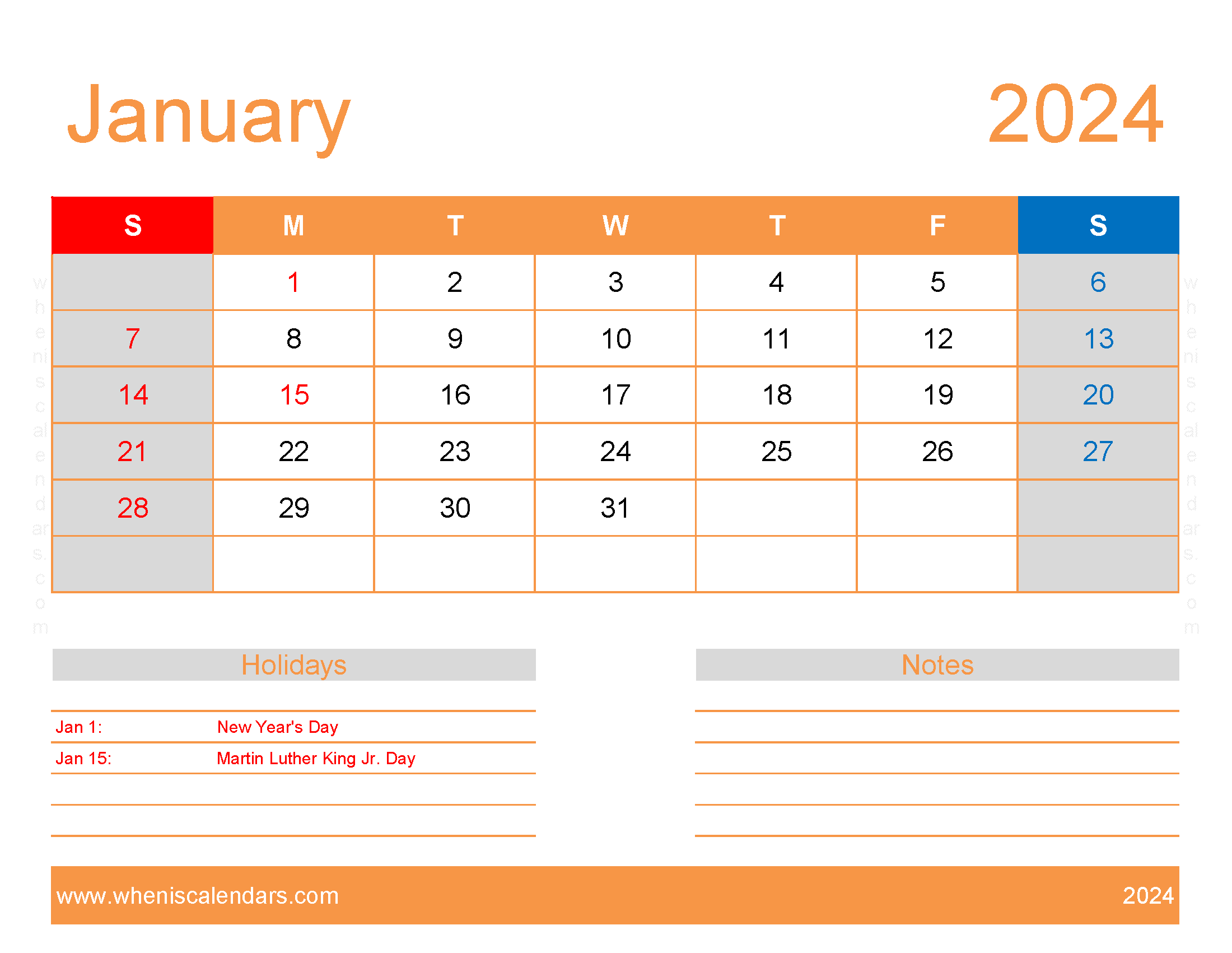 January excel Calendar 2024 Monthly Calendar