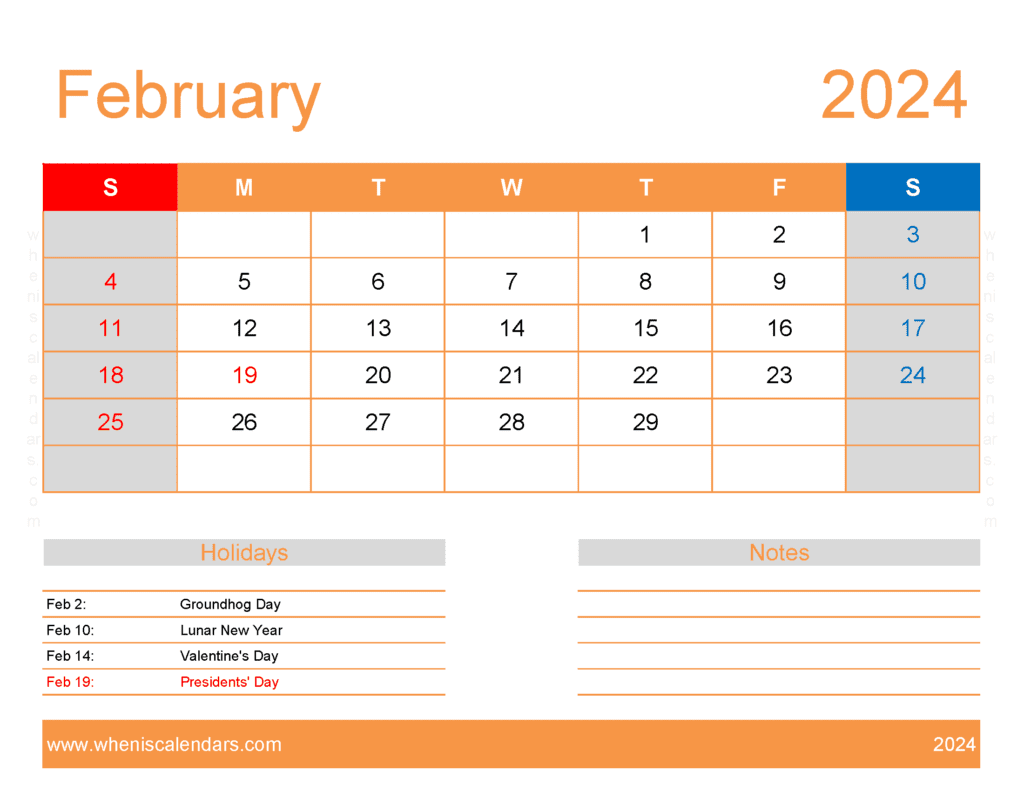 Download February excel Calendar 2024 Letter Horizontal F4174
