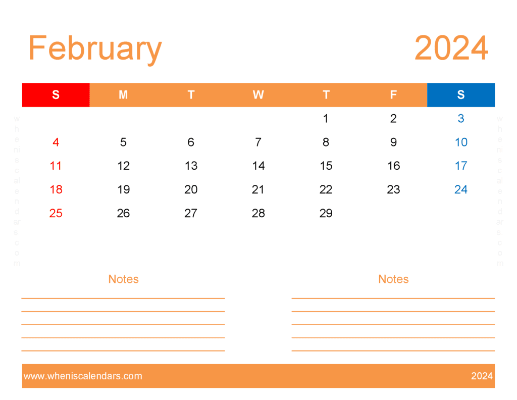 Download Printable month of February 2024 Letter Horizontal F4255