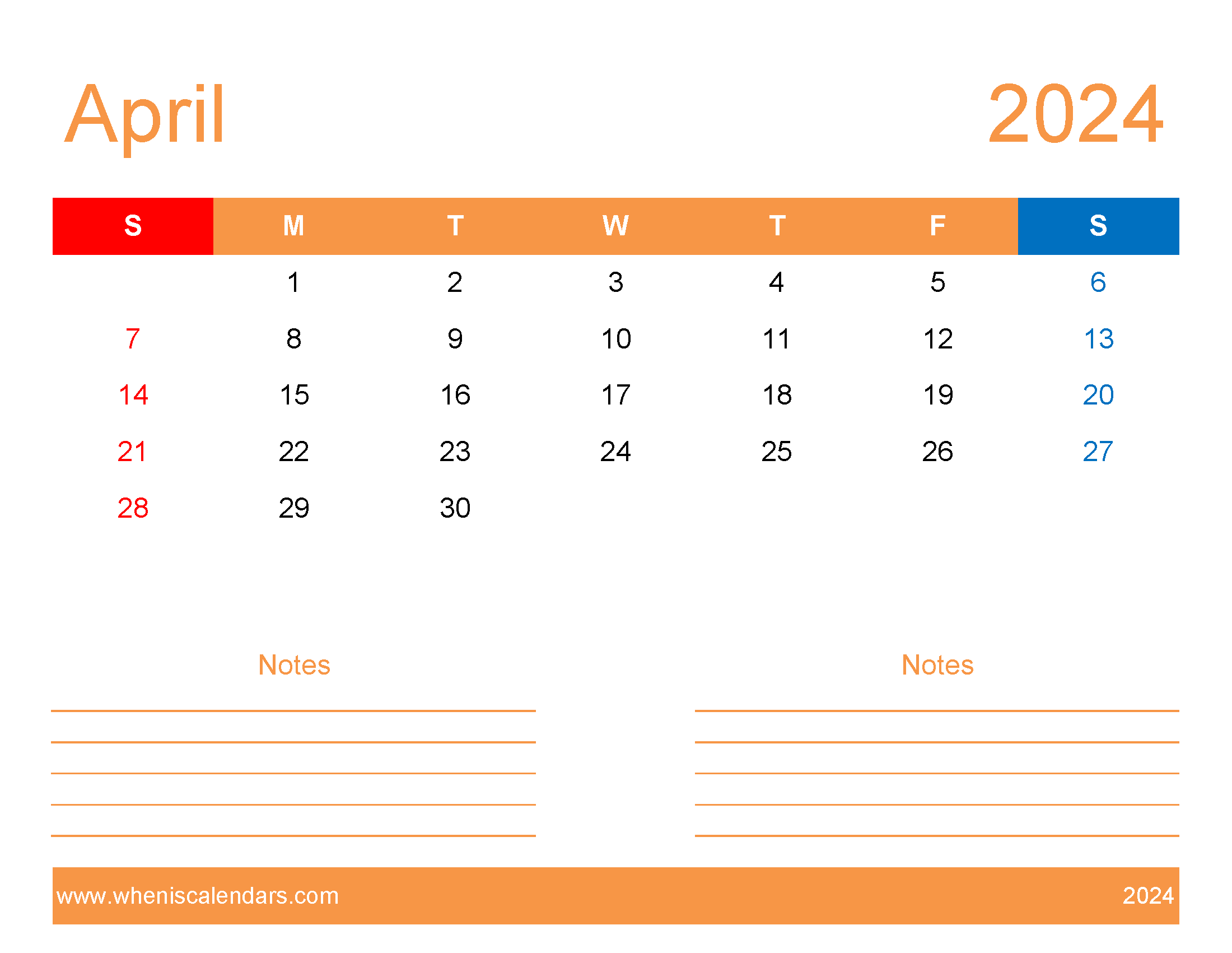 Printable month of April 2024 Monthly Calendar