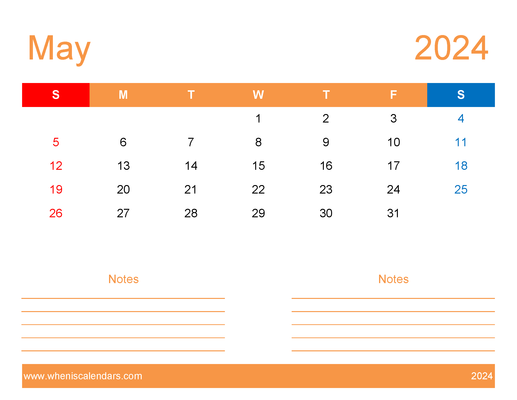 Printable month of May 2024 Monthly Calendar