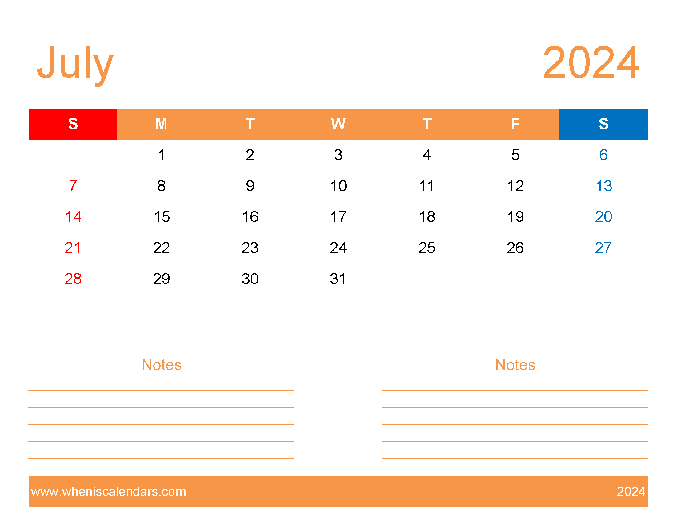 Printable month of July 2024 Monthly Calendar