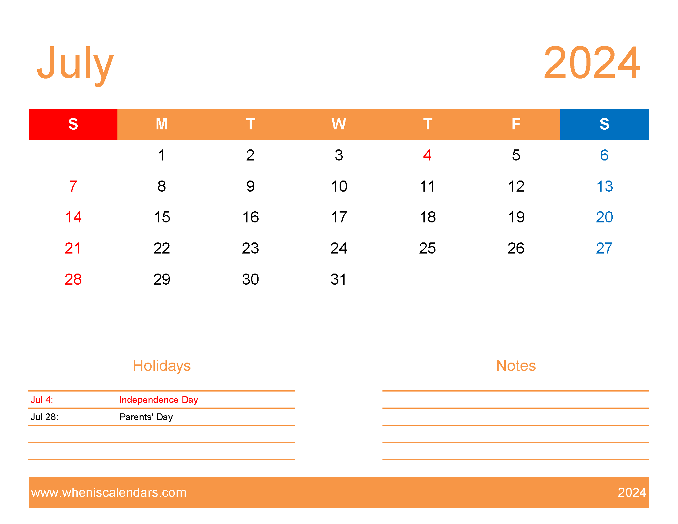 Printable Free July 2024 Calendar Monthly Calendar