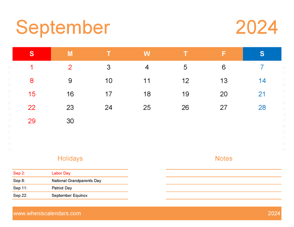 printable Calendar 2024 with Holidays free A4 in Horizontal Landscape