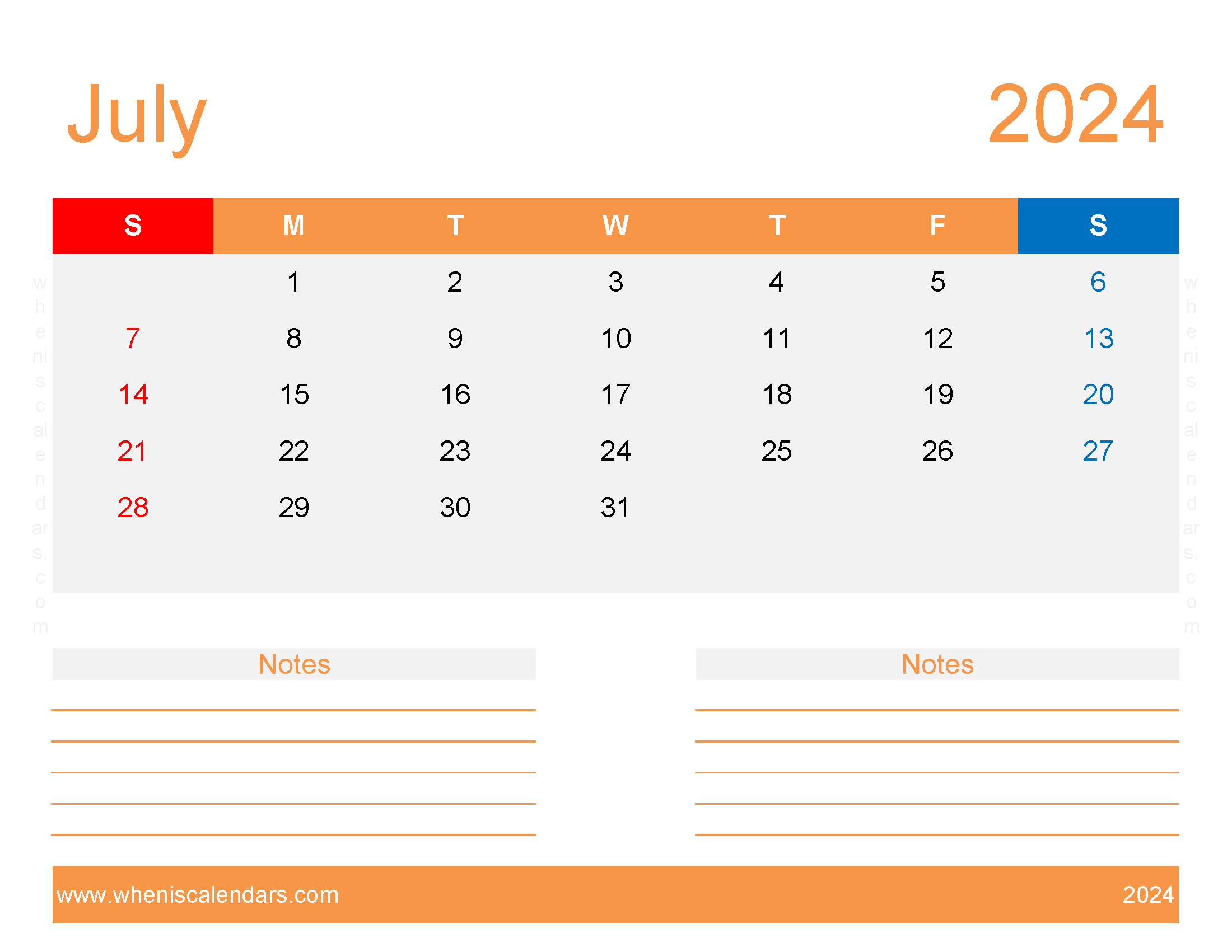 Blank July 2024 Calendar editable Monthly Calendar