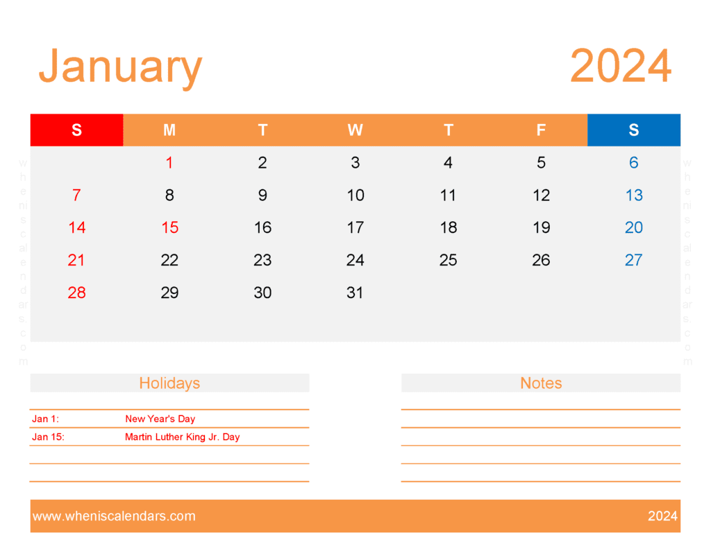 January 2024 Calendar excel Template Monthly Calendar