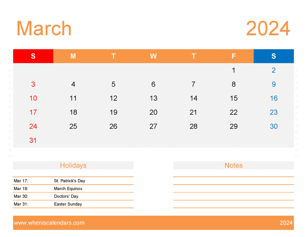 Download March 2024 Calendar excel Template Letter Horizontal M34176