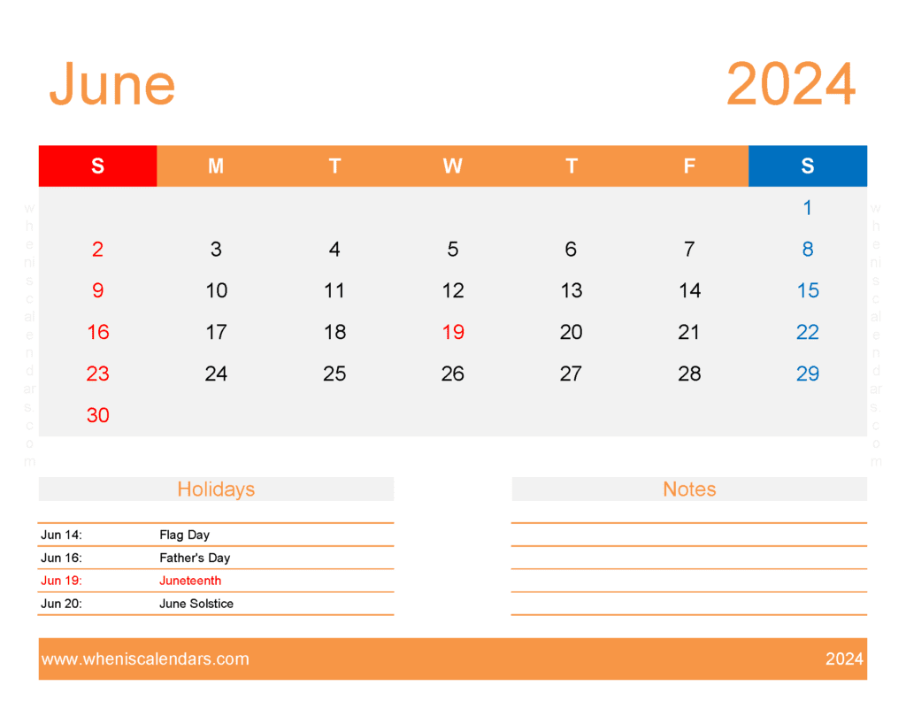 Download June 2024 Calendar excel Template Letter Horizontal J64176