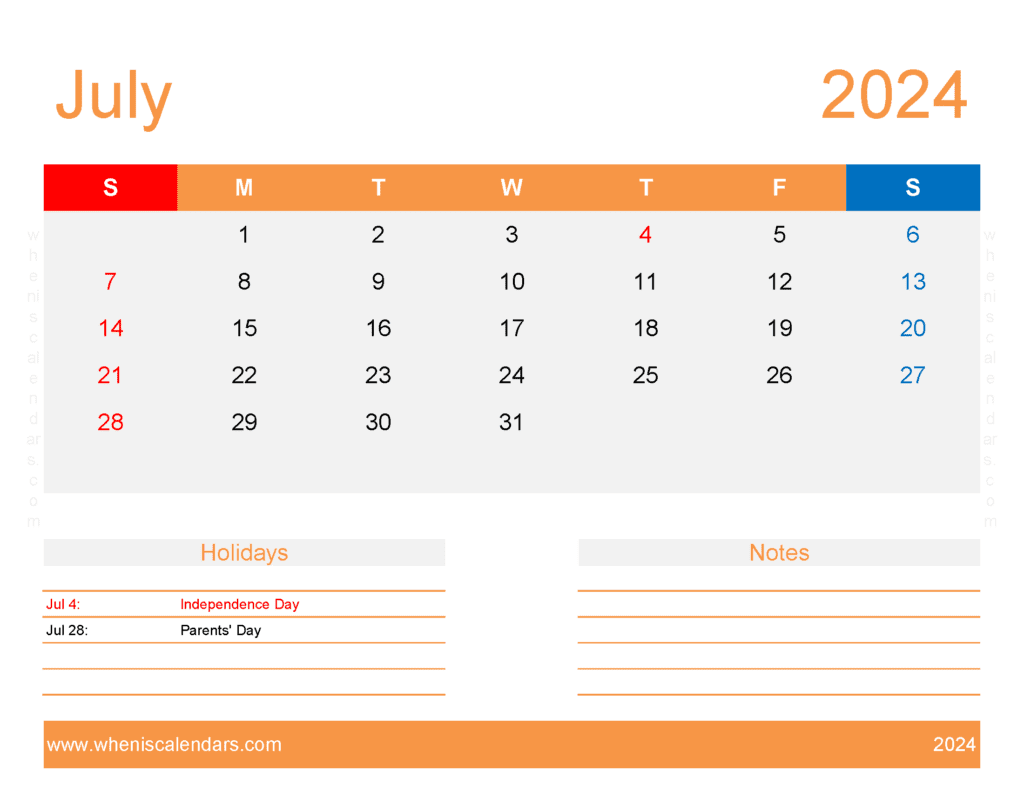 Download July 2024 Calendar excel Template Letter Horizontal J74176