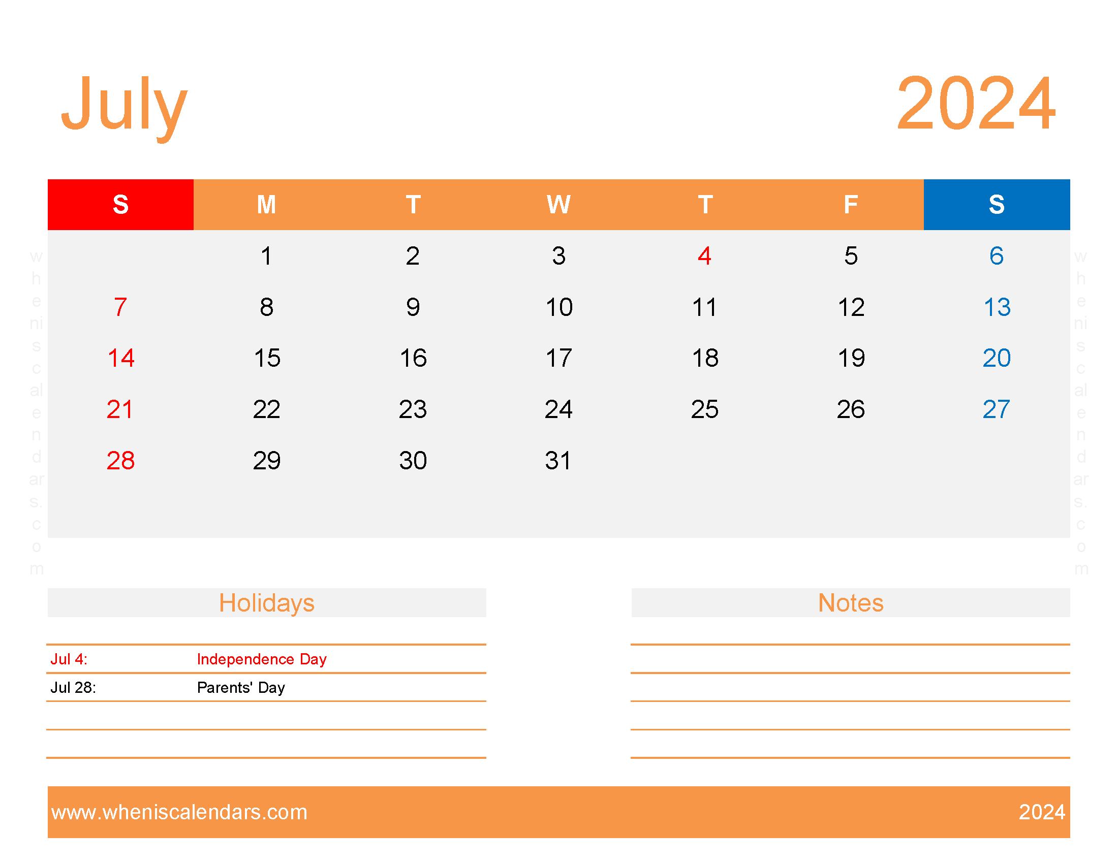 July 2024 Calendar excel Template Monthly Calendar