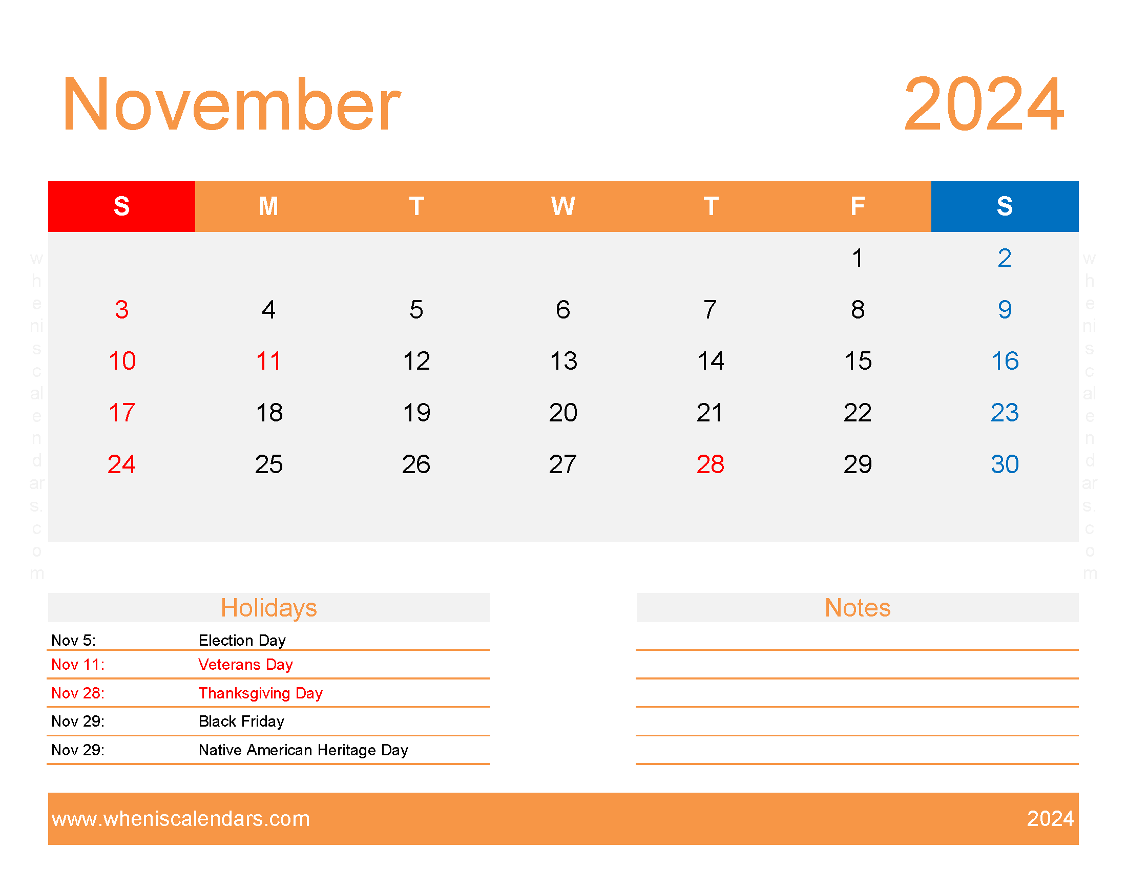 November 2024 Calendar excel Template Monthly Calendar