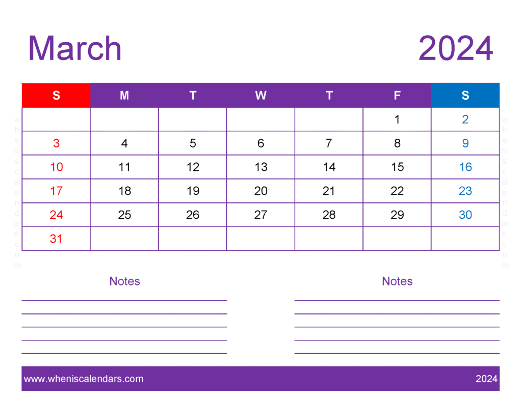 Download editable Calendar Mar 2024 Letter Horizontal M34257