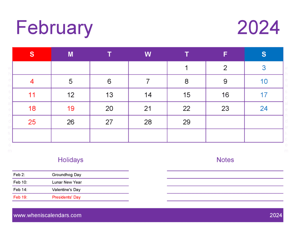 Download February 2024 Printable Calendar waterproof Letter Horizontal F4177