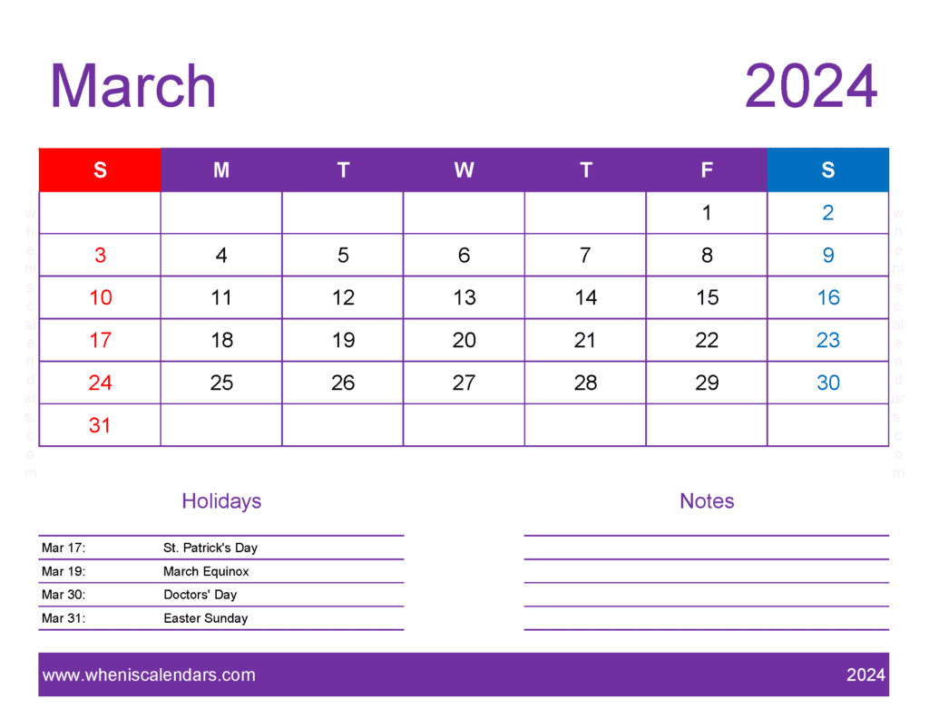Download March 2024 Printable Calendar waterproof Letter Horizontal M34177