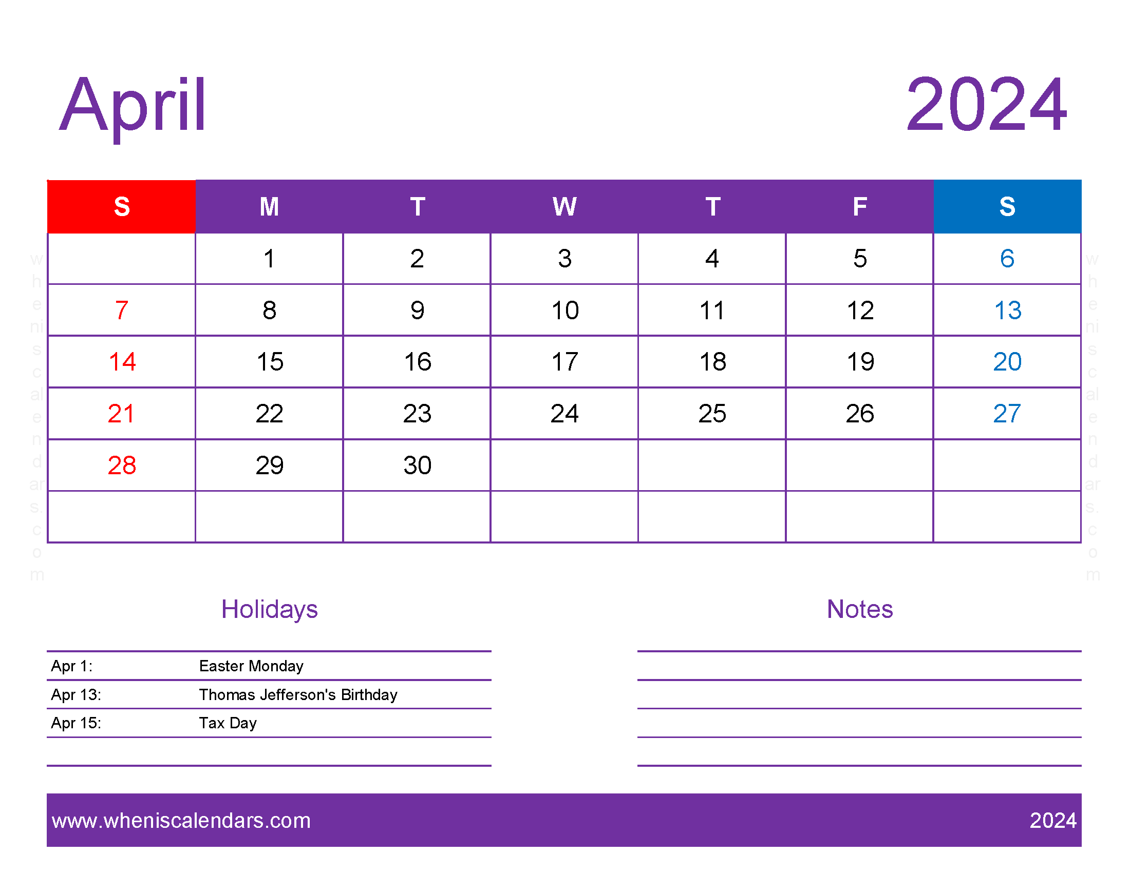 April 2024 Printable Calendar waterproof Monthly Calendar